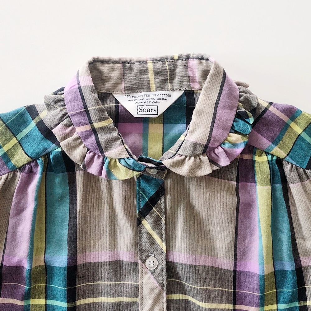 adorable peter pan collar + ruffled sleeves - plaid vtg 70s blouse - Picture 4 of 4